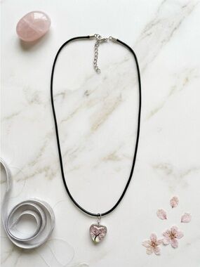 Black Cord Necklace with Pink Heart Pendant - Women Jewelry